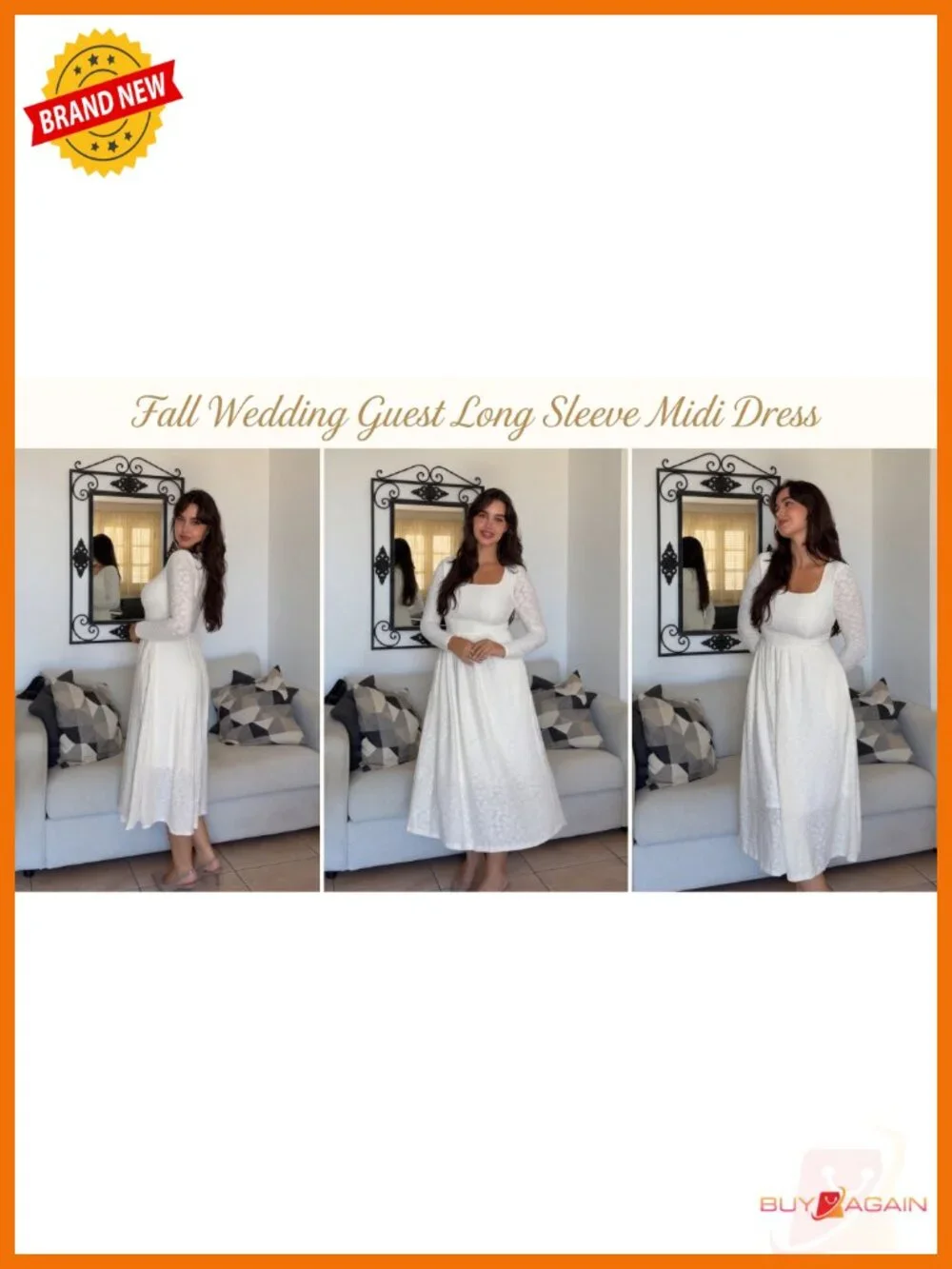 Women's Long Sleeve Midi A-Line Dress Square Neck with Pockets